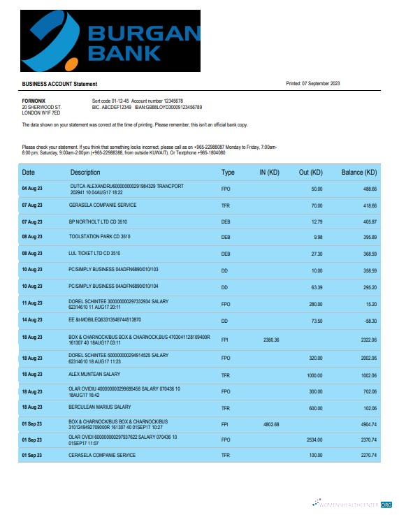 Download Burgan Bank enterprise account statement Word and PDF template Photoshop template